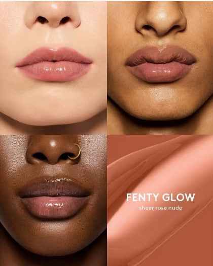 Fenty Beauty Gloss Bomb Heat Fenty Glow 03 sheer peachy pink lip plumper wet look shine shea butter vitamin E cruelty free