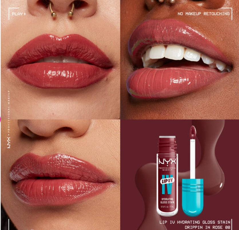 NYX Professional Makeup Lip I.V. Hydrating Lip Gloss Stain – Shade 08 - Drippin' in Rose - The Powder Room