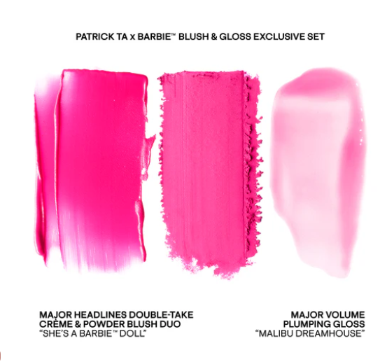 Patrick Ta x Barbie Blush Duo and Lip Plumper Set limited edition power pink makeup collection She's a Barbie Doll blush Malibu Dreamhouse gloss