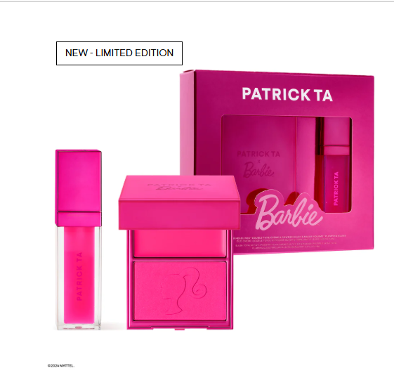 Patrick Ta x Barbie Blush Duo and Lip Plumper Set limited edition power pink makeup collection She's a Barbie Doll blush Malibu Dreamhouse gloss
