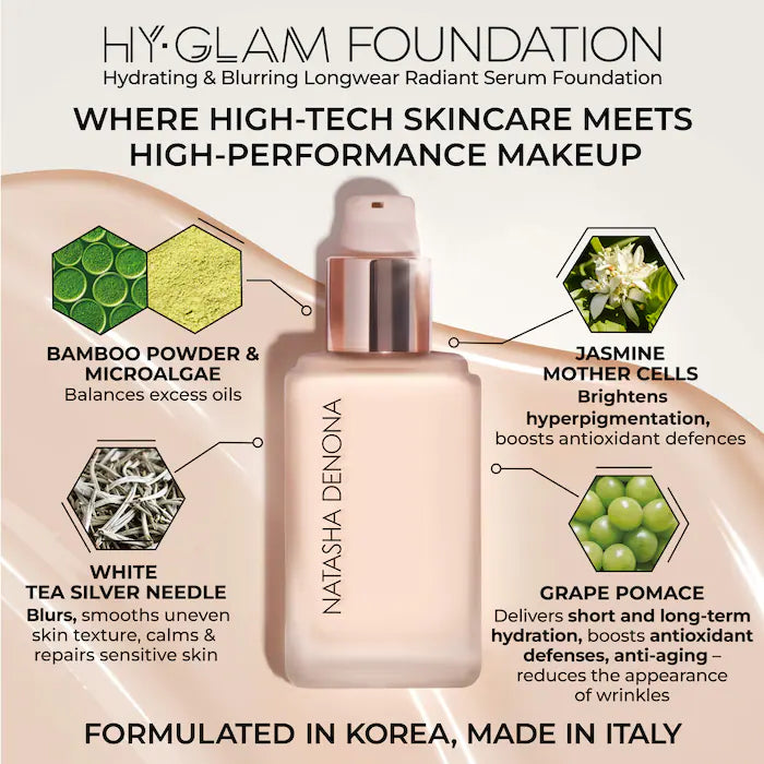 NATASHA DENONA Hy-Glam Foundation Hydrating & Blurring Luminous Longwear Serum Foundation Shade: YP3 - Light Yellow 30ml