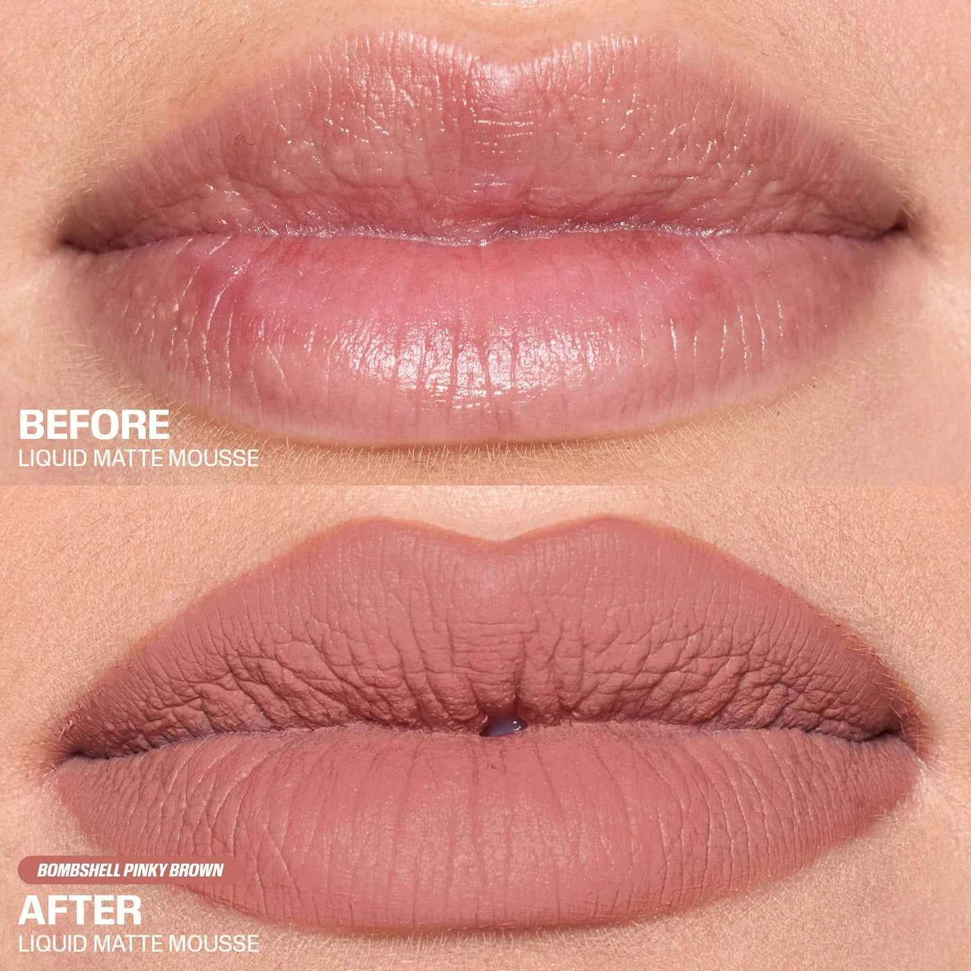 HUDA BEAUTY Liquid Matte Mousse Soft Blur Lip Cream Bombshell Pinky Brown pinky brown nude matte lip