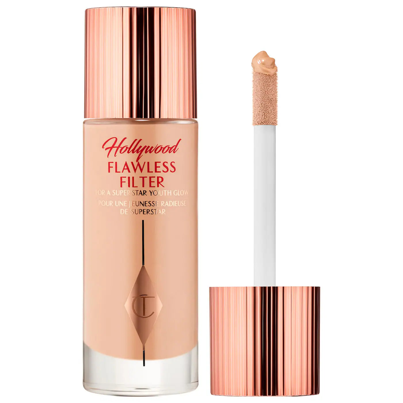 Charlotte Tilbury Hollywood Flawless Filter shade 2 Fair peachy beige glow booster primer highlighter sheer tint porcelain flower extract blurring powders light skin
