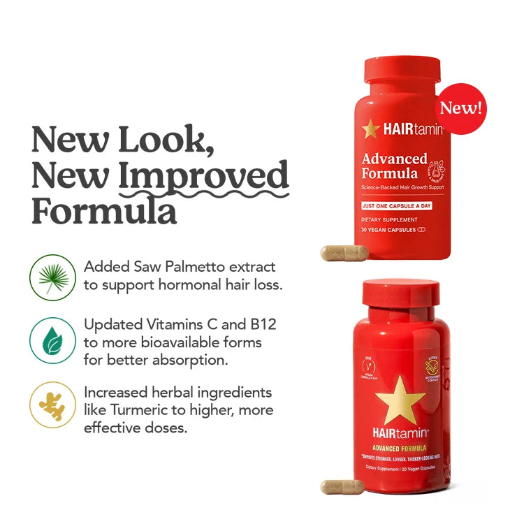 Hairtamin Advanced Formula hair growth supplement 5000 mcg biotin vegan capsules 30 count
