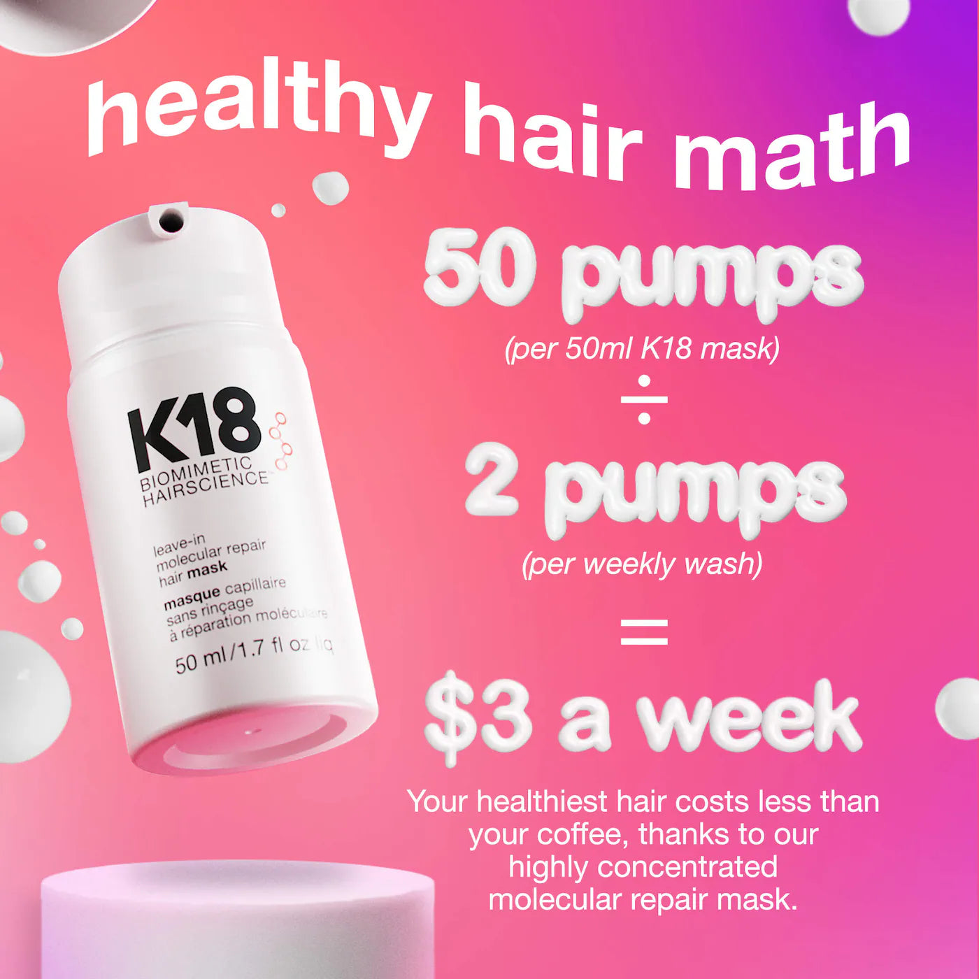 K18 Biomimetic Hairscience Leave-In Molecular Repair Hair Mask 15ml peptide hair treatment
