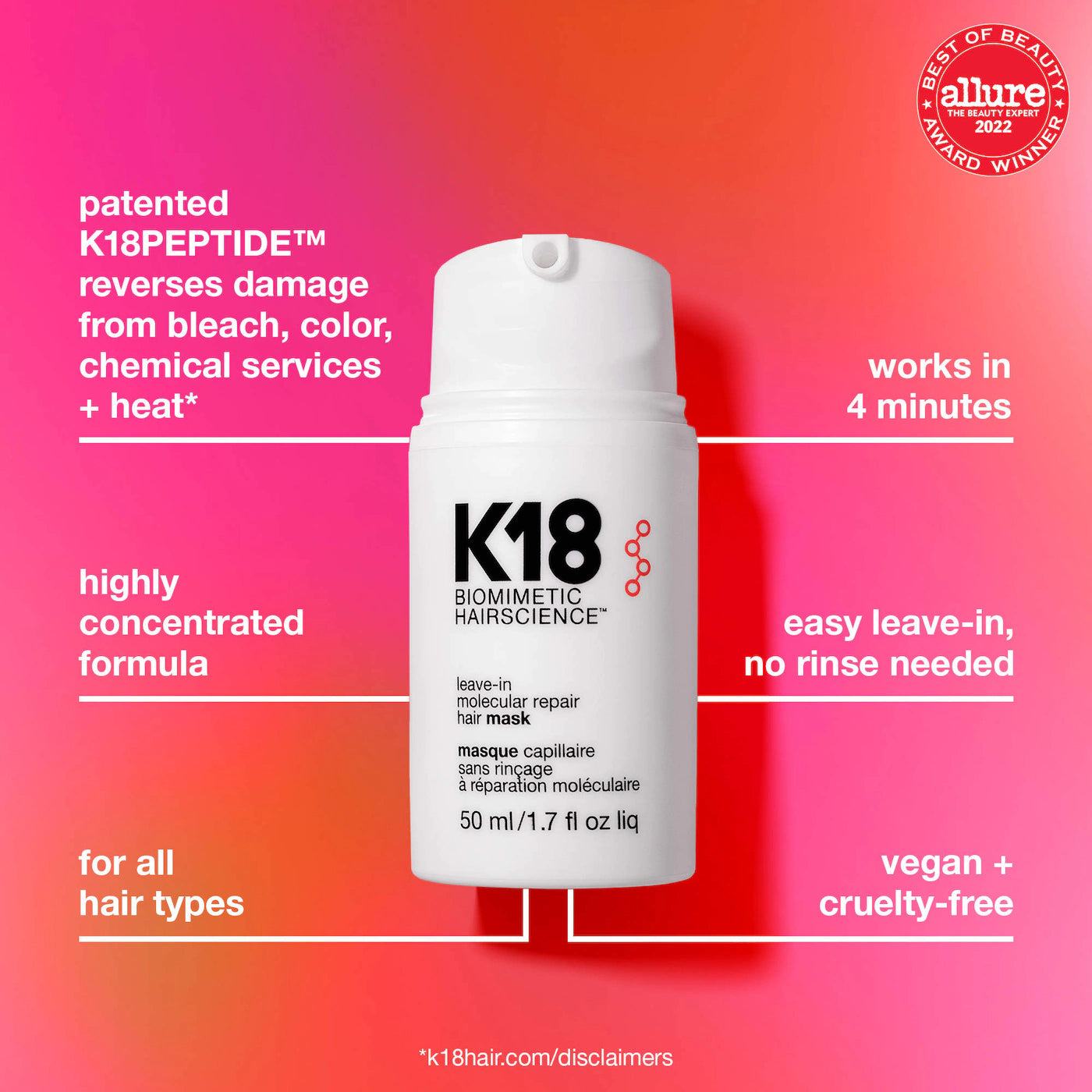 K18 Biomimetic Hairscience Leave-In Molecular Repair Hair Mask 15ml peptide hair treatment

