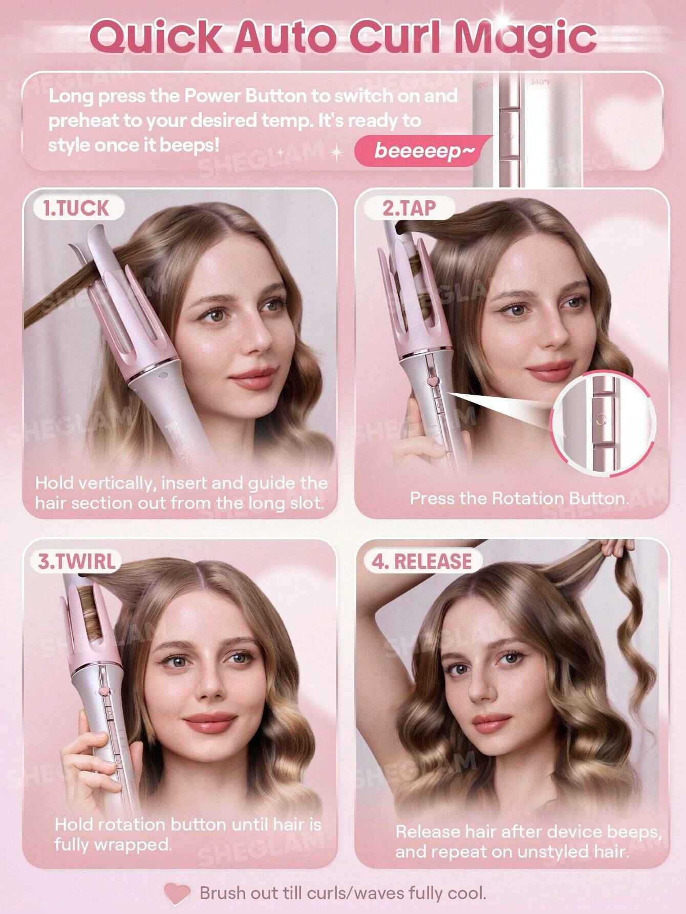 SHEGLAM Cupid’s Charm Automatic Hair Curler 32mm – Baby Pink (EU Plug) | Original in Pakistan